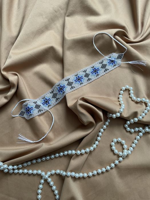 Гердан силянка чокер намисто з бісеру прозора біла волошки