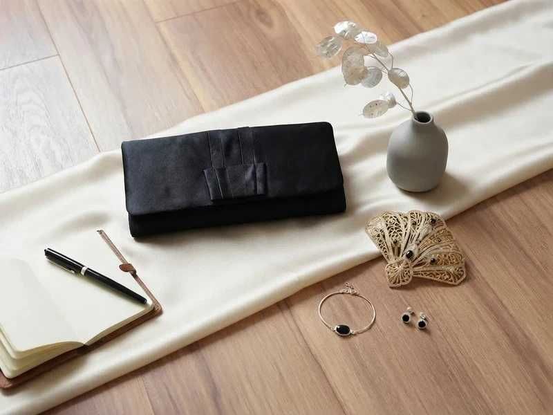 Elegancka czarna kopertówka satynowa z kokardą Torebka wieczorowa bez łańcuszka