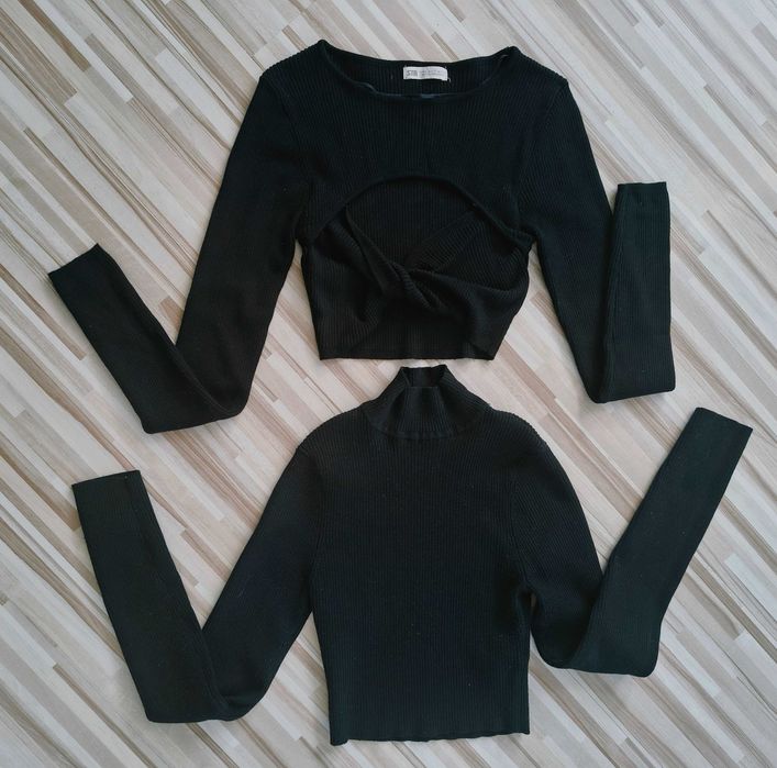 2 sztuki czarny crop top, dwie bluzki, komplet,  prążkowany, bawełna, xs