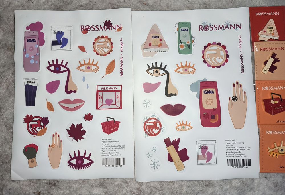 Zestaw Rossmann: naklejki, piny, płatki