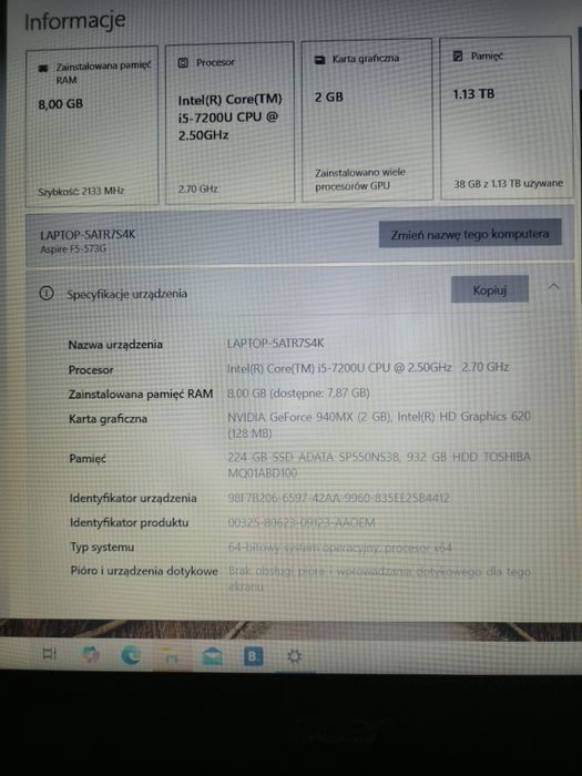 Acer Aspire F15 15,3” – i5 / 8 GB RAM / SSD + HDD / Geforce940MX