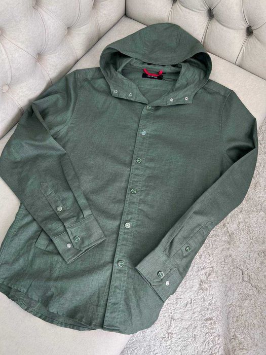 Рубашка с капюшоном Kiton льняная рубашка Китон зеленая сорочка p048