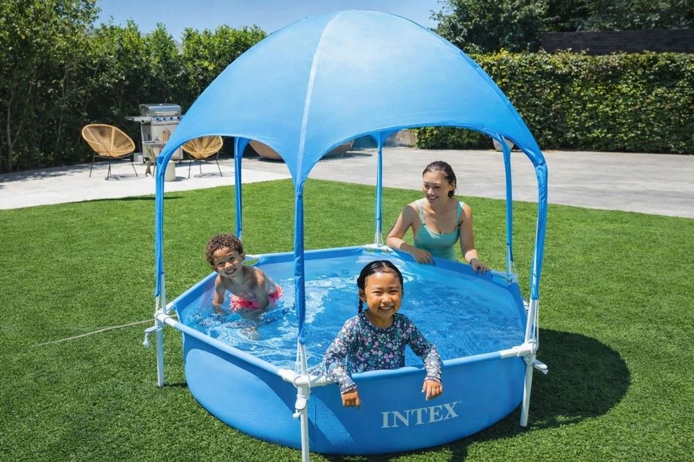 Каркасний дитячий басейн Intex 28209 (183×38 см) блакитний з навісом дашком душем фонтаном круглий для дітей