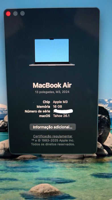 MacBook Air 13" Apple M3 2024 com 16Gb v26.1 Imaculado em caixa