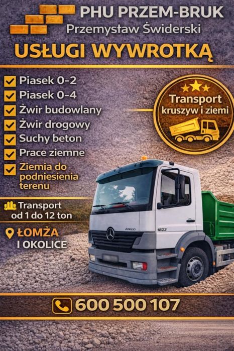 Piasek, żwir, czarnoziem, gruzobeton, suchybeton, kamień, prace ziemne