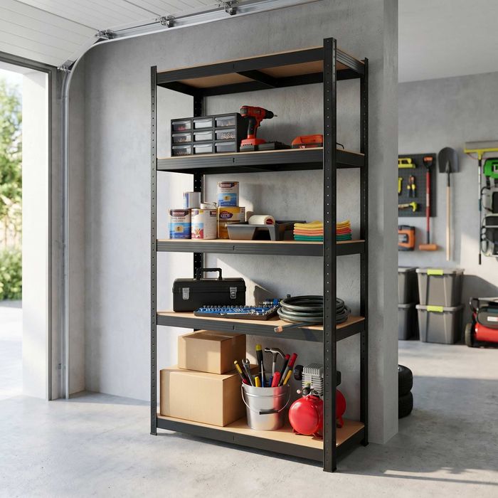 Nowy! Czarny regał magazynowy metalowy 180x90x40 cm | 5 półek MDF | Udźwig 875 kg | Czarny ocynk | Do garażu, warsztatu, piwnicy