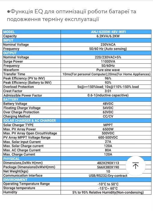 Гібридний інвертор Anenji 4.2 kw 24v, jsdsolar 4/24НОВИЙ