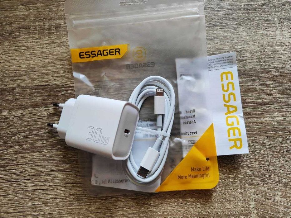 Комплект Зарядка і Кабель для iPhone Айфону. Зарядка 30W Essager Mini Type-C + Кабель Type-C-iPhone Lightning 1м Білий для iPhone. Кабель Lightning