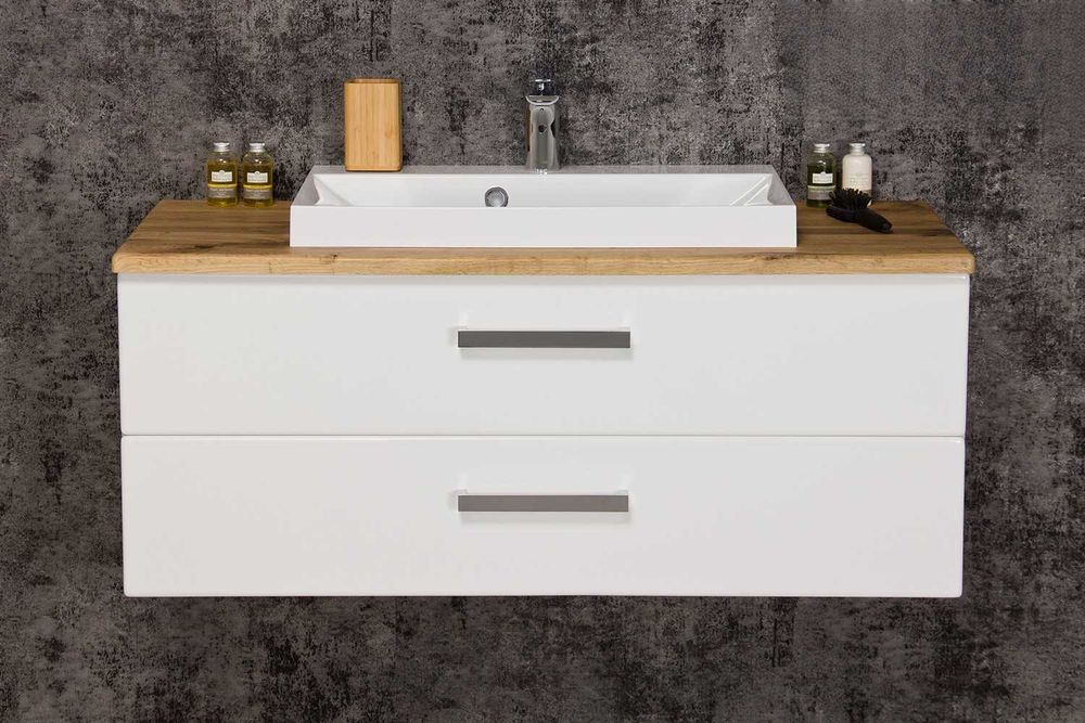 Szafka do łazienki z blatem dekor dąb z umywalką nablatową zmontowane