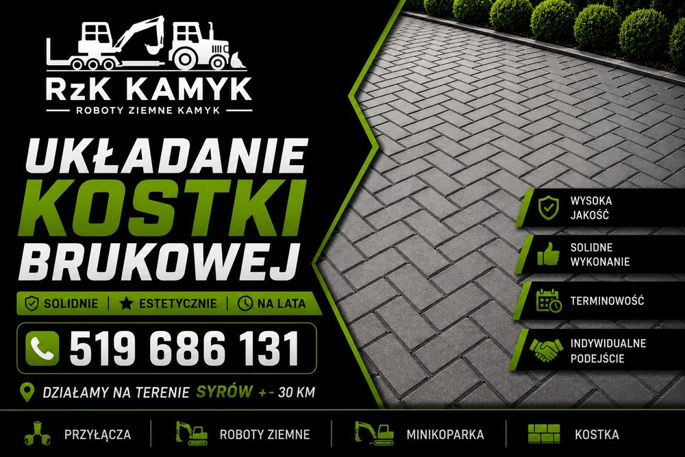 Małe usługi brukarskie kostka  do 145m² z własną koparką i wywrotką | Syry
