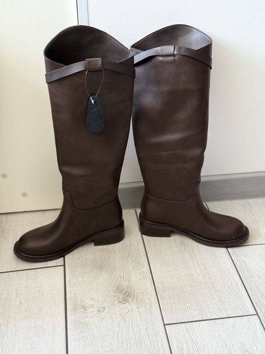 Шоколадні сапоги труби натуральна шкіра чоботи коричневі