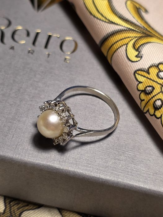 R.16 Pierścionek Perła Akoya Diamenty 0.3ct Złoto 585 WYCENA 5800zł