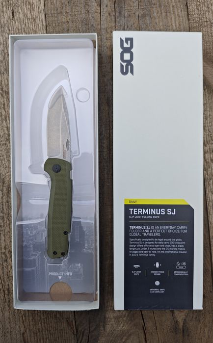 SOG Knives Terminus SJ , складний джентельменський ніж: накладки G10, клинок cryo D2 StoneWash, замок Slip Joint, кліпса. Якісна збірка та пакування
