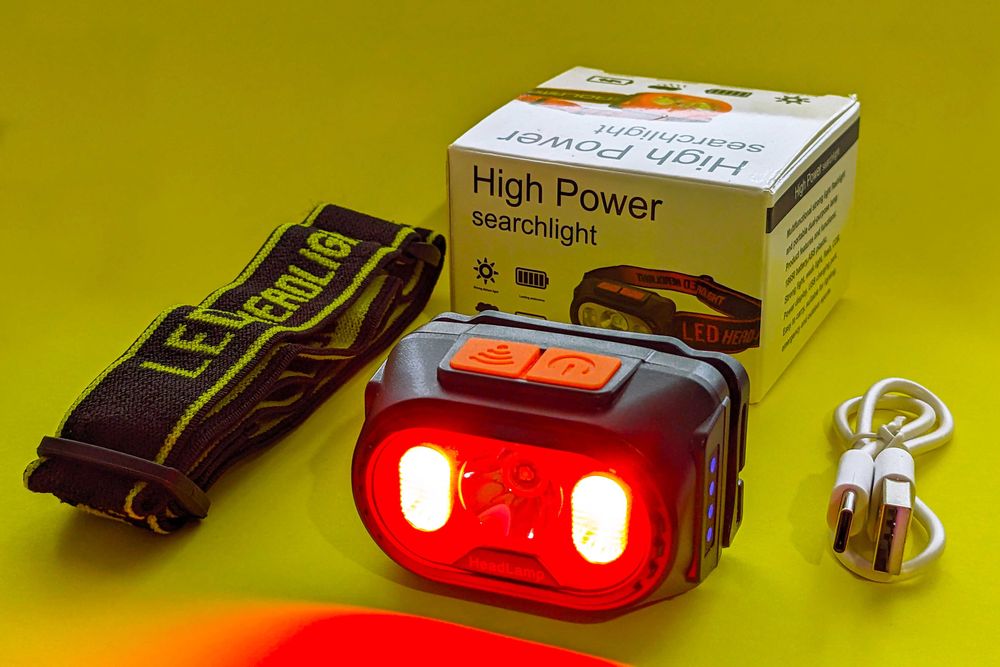 Налобный фонарь теплый белый ближний и красный свет Type-c зарядка