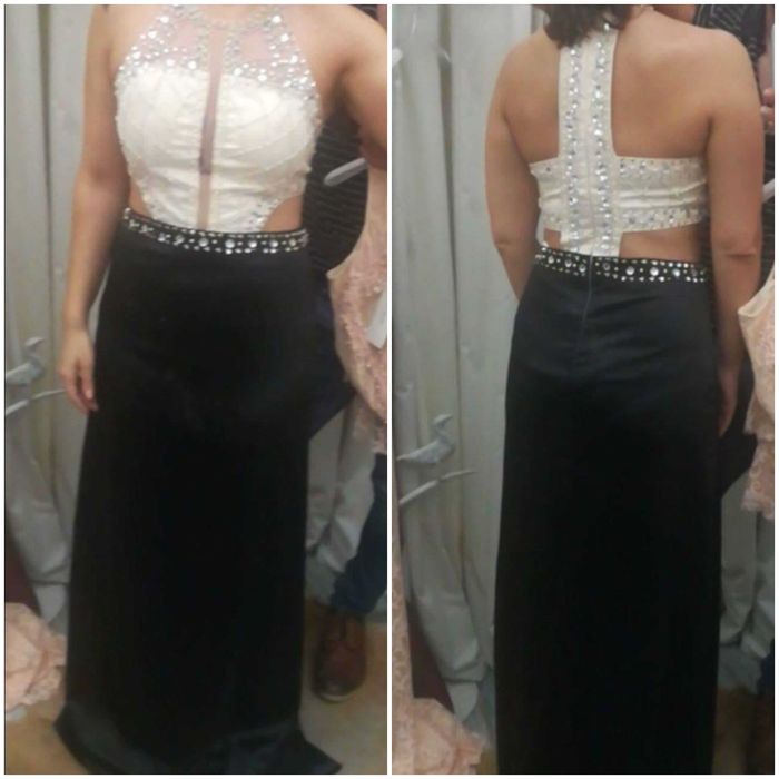 Vestido cerimónia tipo cetim preto e beje com pedraria S