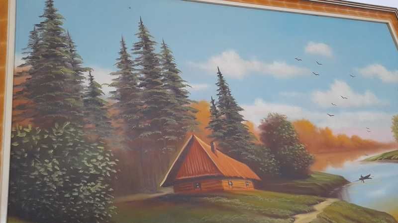 Stary OBRAZ pejzaż rzeka łódka 95,5 cm x 63 cm