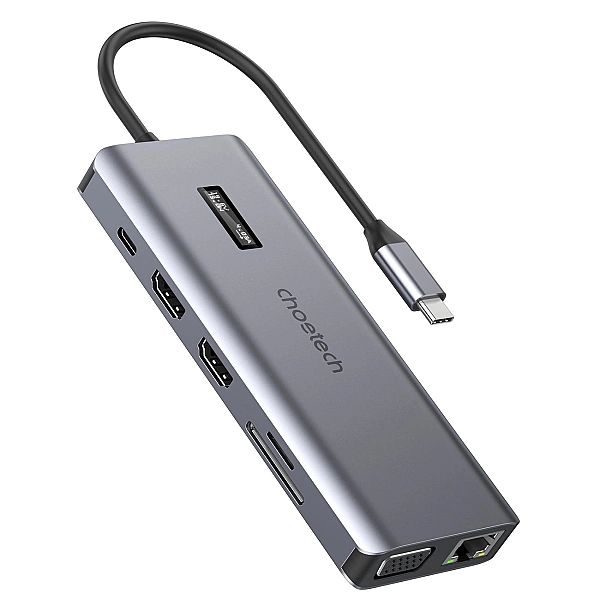 Choetech HUB wielofunkcyjny z wyświetlaczem 12w1 USB-C do 1xUSB-C/4xUS
