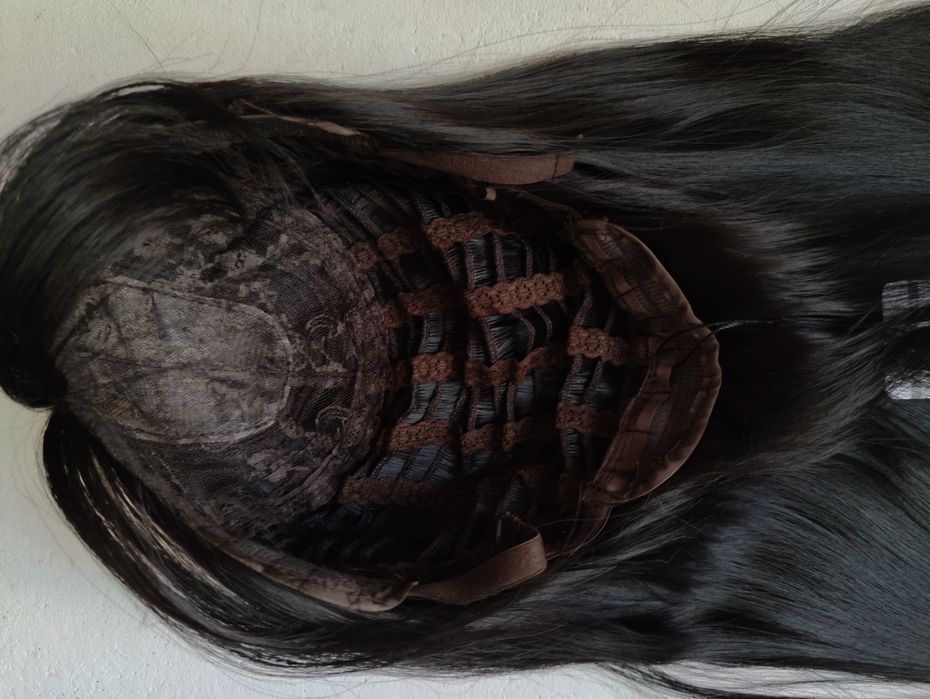 Nowa realistyczna czarna długa prosta peruka z grzywką wig