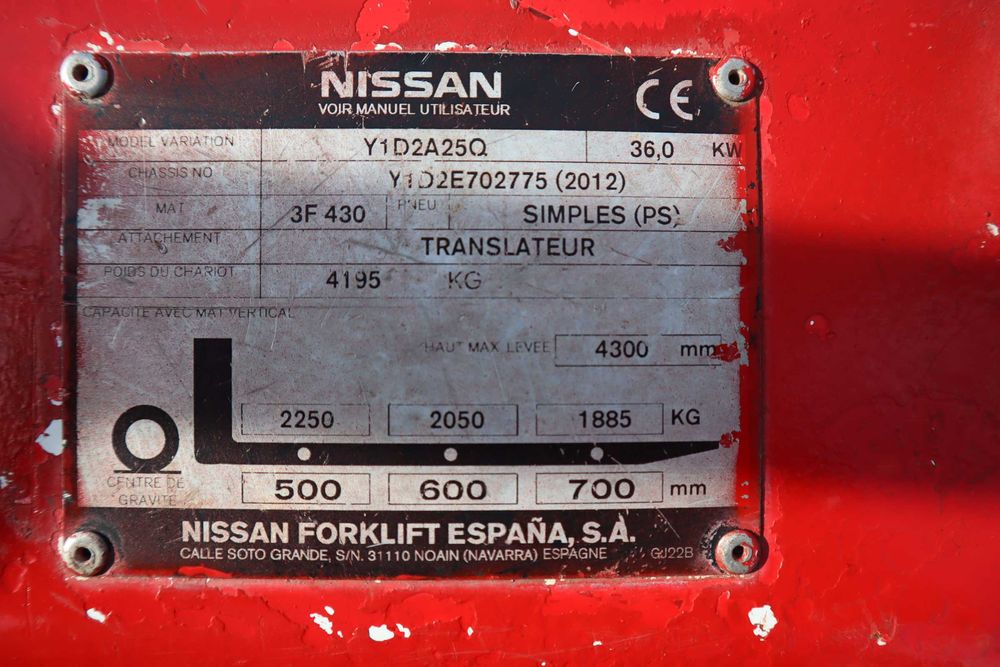 2012 Nissan Y1D2A25Q 2500 kg Empilhador Diesel