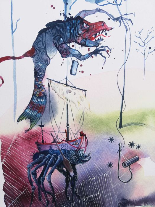 Aguarela original de Carlos Marques. Inteligência Artificial. Fantasia