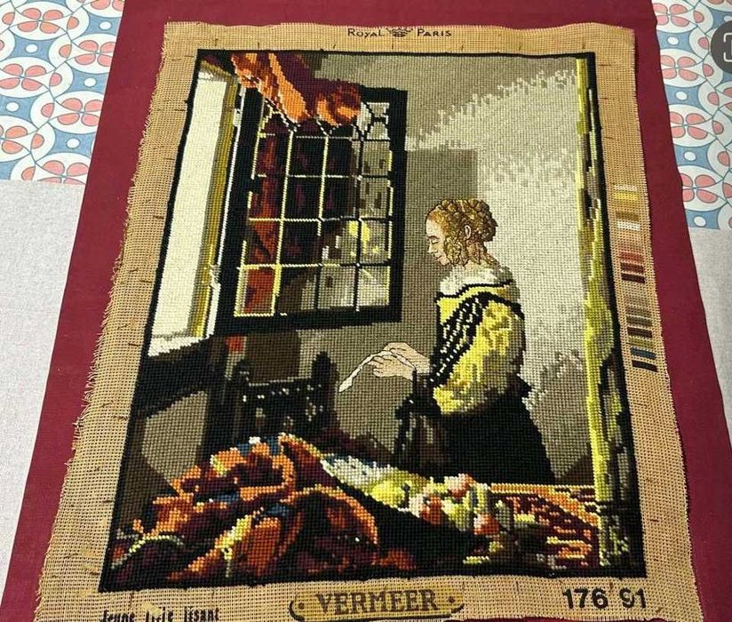 Tela bordada à mão. Reprodução da pintura de Johannes Vermeer