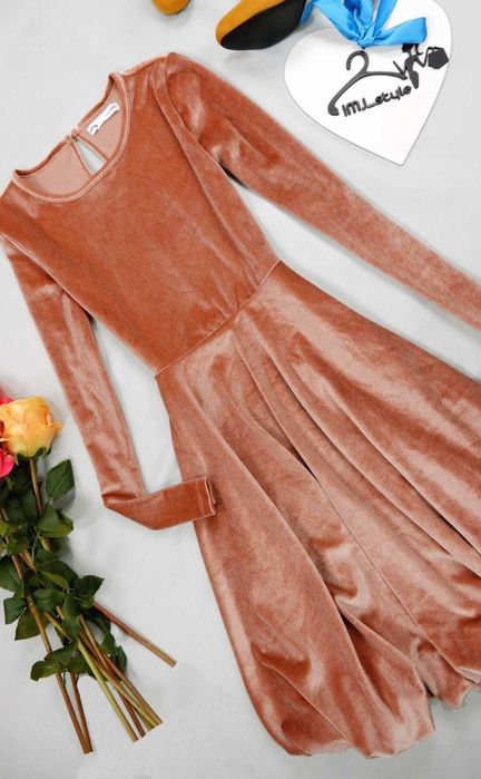 Sukienka Bombka Pudrowa Różowa Morelowa Elegancka Welurowa Aksamitna S