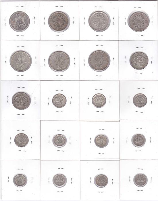 44 moedas Suécia de diversas datas e metais incluindo 20 em prata