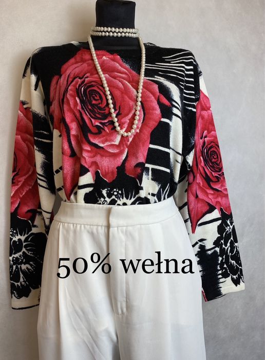 Sweter damski czarny w róże kwiaty wzory wełna elegancki 40 L XL