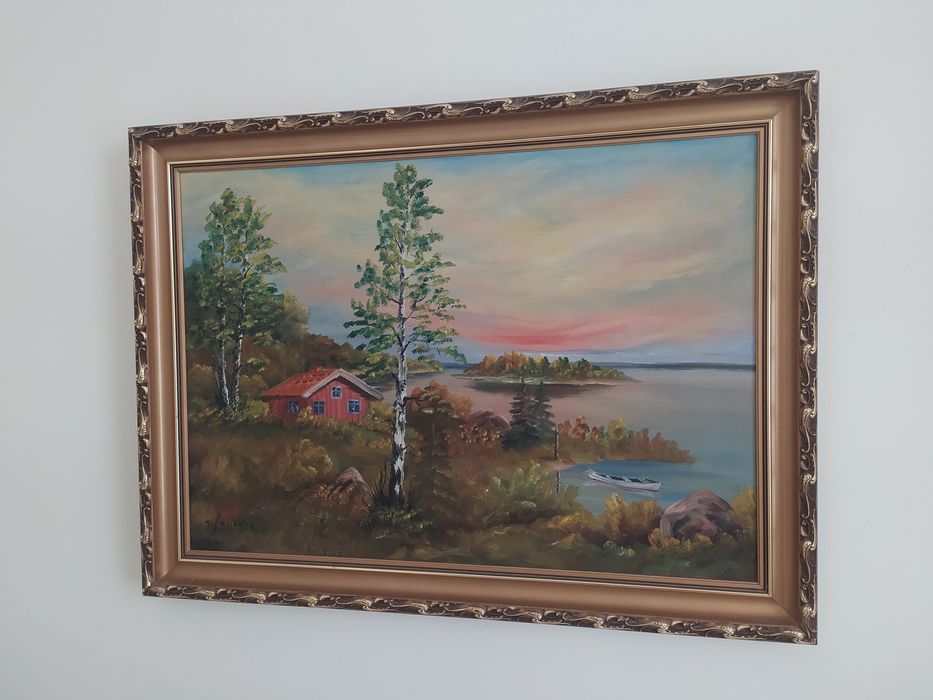 Wyprzedaż. Piękny obraz piękna rama domek nad jeziorem o zachodzie sło