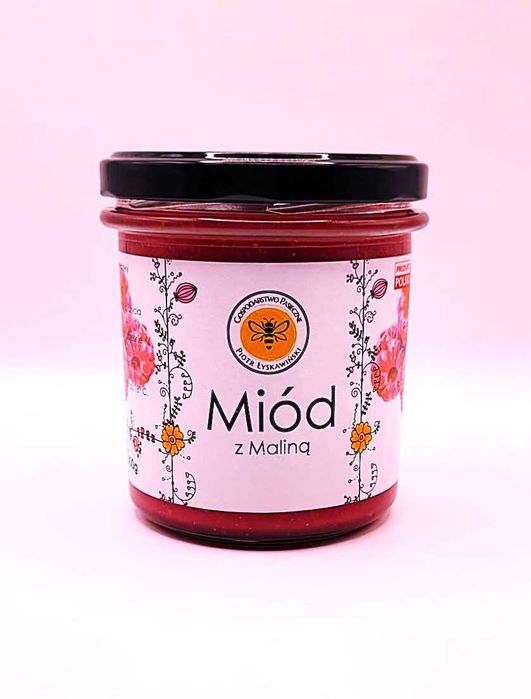 Naturalny miód z maliną 400g – polski miód prosto z pasieki z maliną.