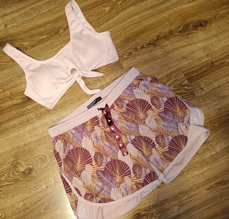 HAUSE strój kostium kąpielowy dwuczęściowy + spodenki pudrowy róż L