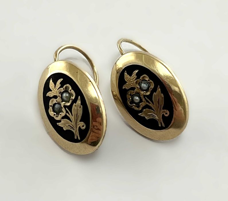 Złote kolczyki secesyjne z naturalnymi perłami - XIX wiek