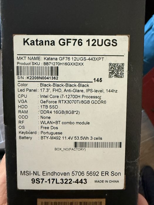 MSI Katana GF76 12UGS-443XPT + Periféricos | Como Novo