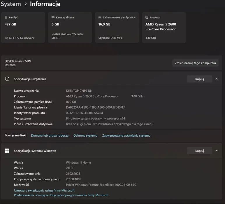 Komputer do gier ryzen 5 2600/gtx 1660 super 6gb/16gb ram