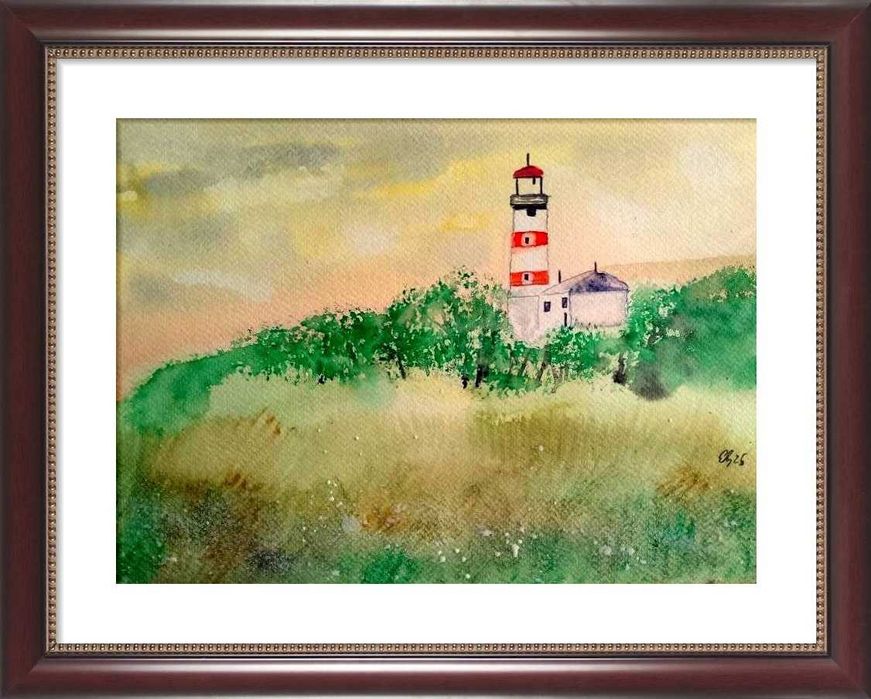 Aguarela pintada a mão " O farol na colina"