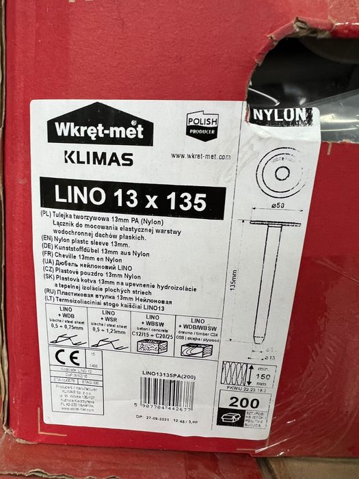 Tuleja kołek LINO  13x135mm KLIMAS 200szt. NOWE !