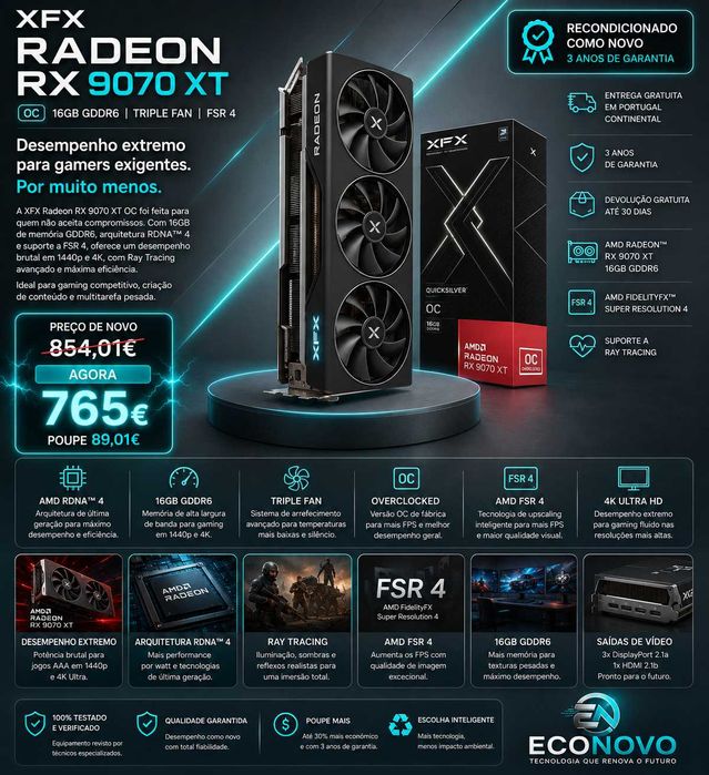EN Placa gráfica XFX Radeon RX 9070 XT OC 16GB GDDR6 Triple Fan FSR 4