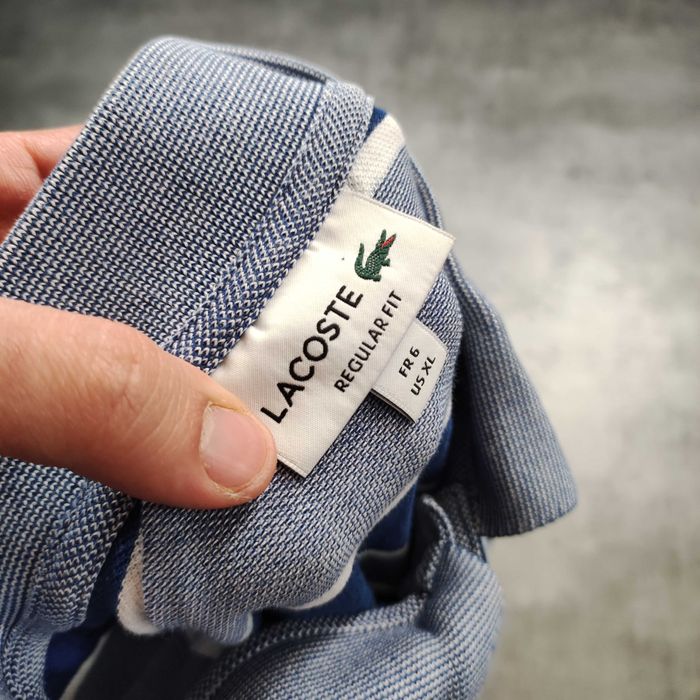 MĘSKA Koszulka Bawełna PREMIUM Paski Elegancka Granat Lacoste France