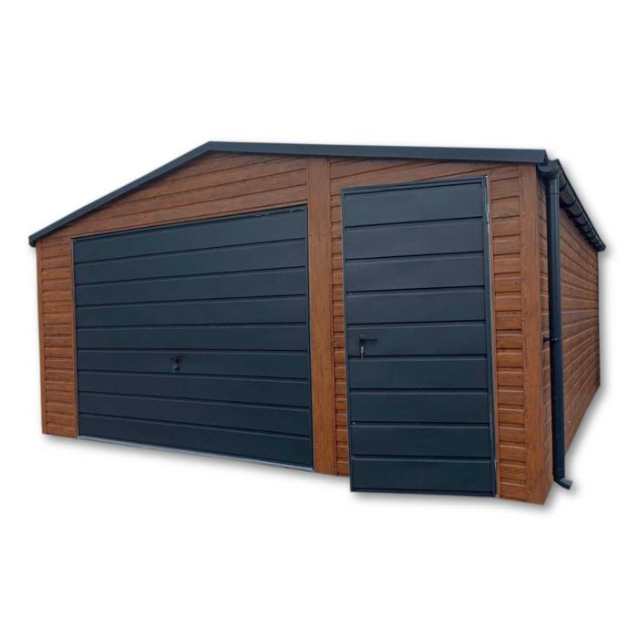 Garaż Blaszany 5x6 Drewnopodobny PREMIUM – Brama Uchylna, Dwuspadowy