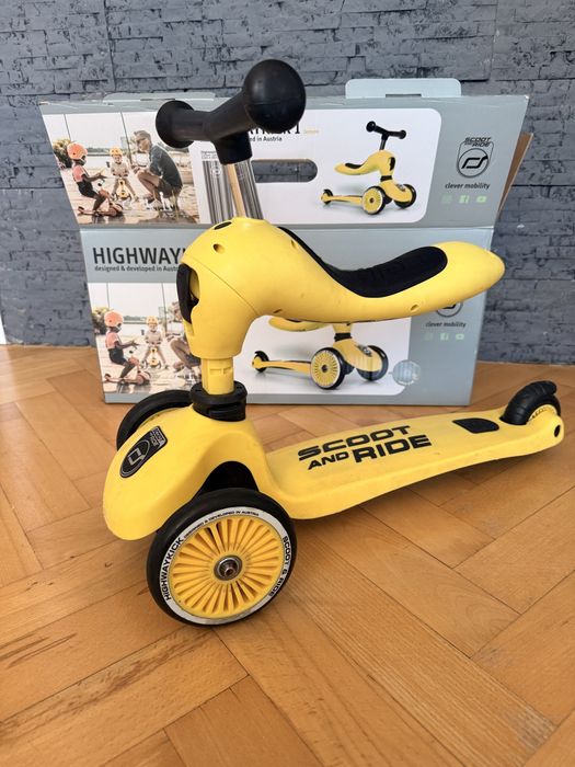 Hulajnoga scoot and ride highwaykick 1 żółta trzykołowa z jeździkiem po jednym dziecku