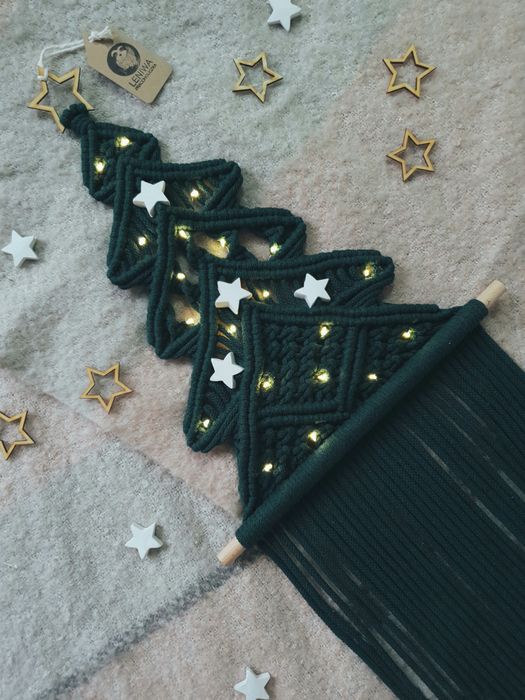 Choinka butelkowa zieleń, makrama, handmade, LED