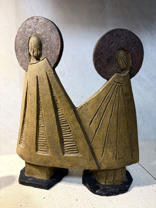 Grande linda escultura de Sagrada Família contemporanea em faiança