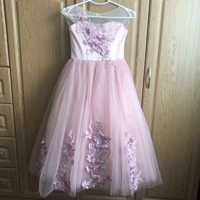 Сукня пудра з аплікацією квіти, 122-134, для принцеси, пишна бальна