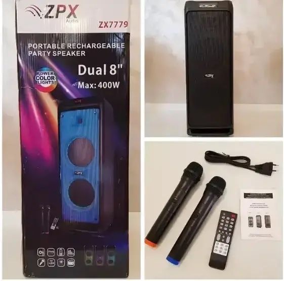 Музична колонка велика,на акумуляторі, з 2 мікрофонами,ZPX-7779 400Вт