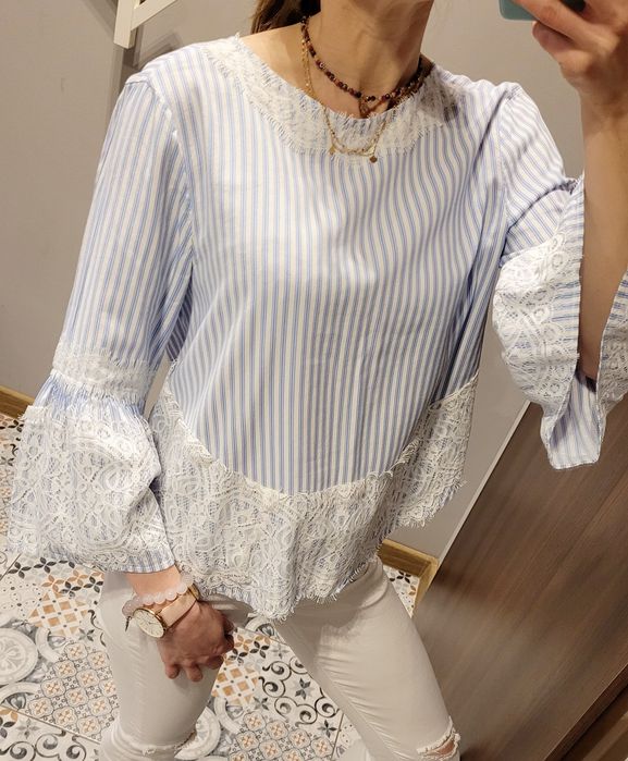 Koszula w paski bluzka 3/4rękaw zara wiosenna koronka elegancka błękit