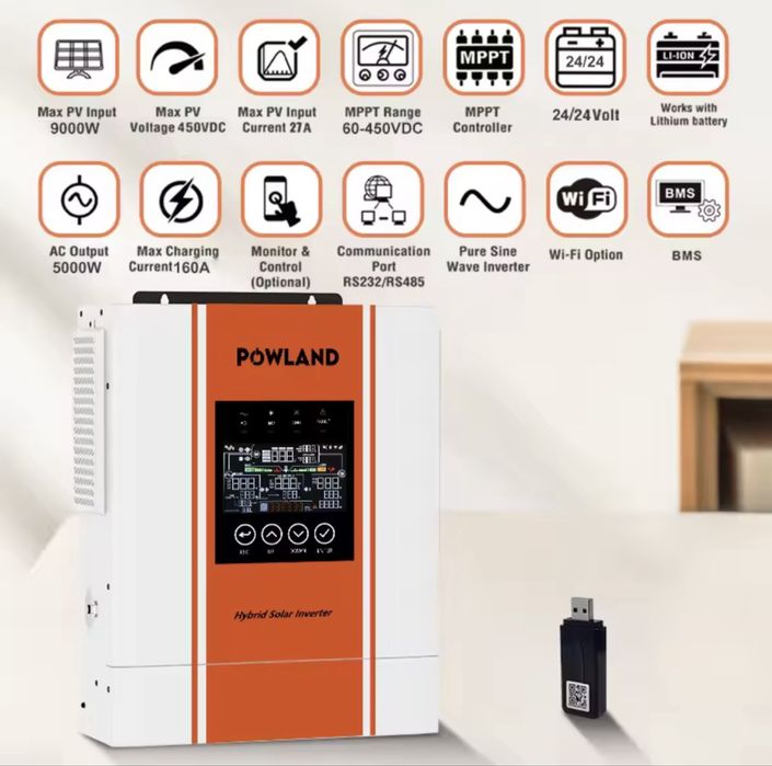 Powland 5000в 24в гибридный солнечный инвертор 5000w 24v wifi под солнечные панели lifepo4