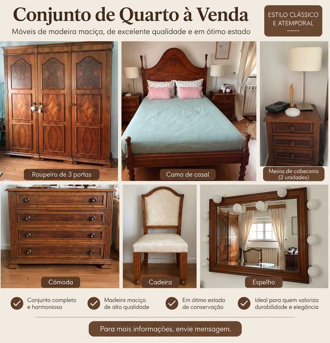 Conjunto quarto completo madeira maciça de nogueira elegante