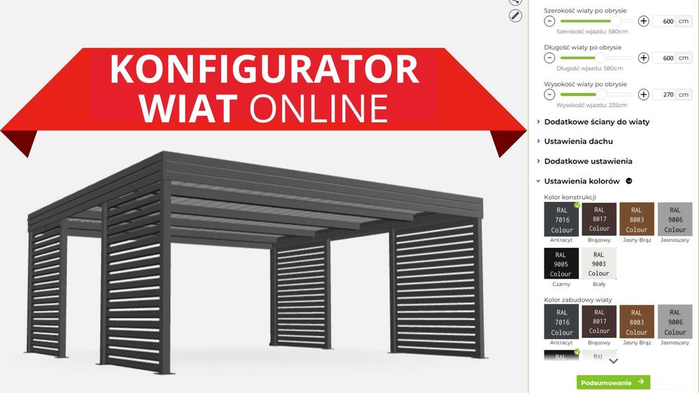 Wiata 5x5m z pomieszczeniem z boku PIR + 2x ścianki horyzontal