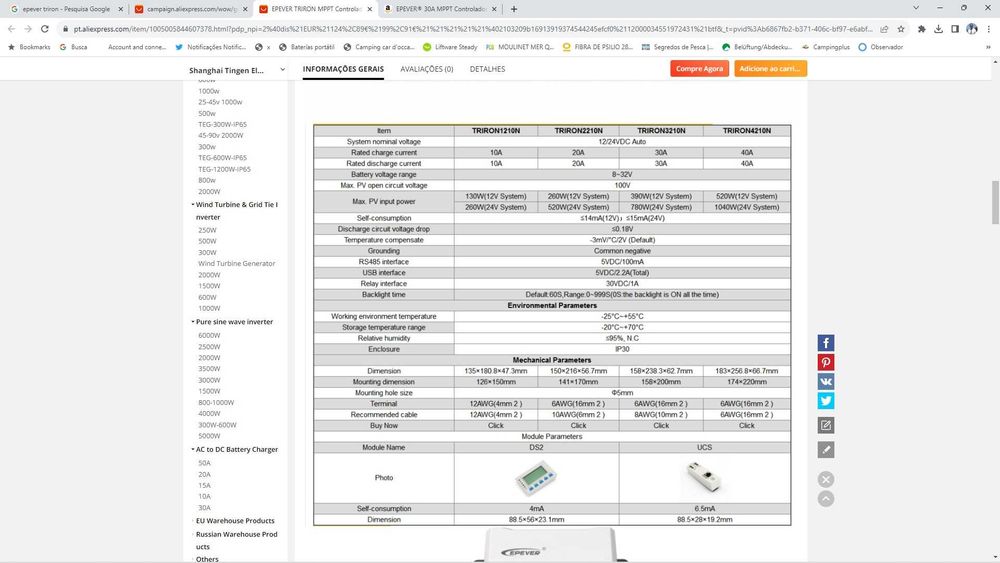 Controlador carga solar MPPT Epever Triron 3210N
