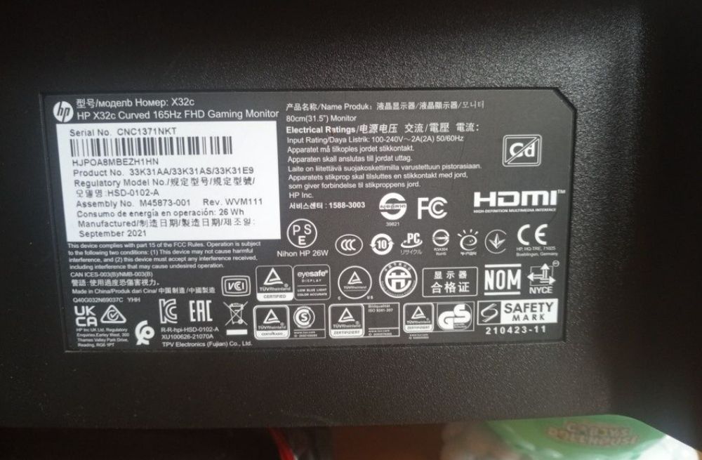 Monitor  HP X32c 32" Curved 165Hz – uszkodzona matryca